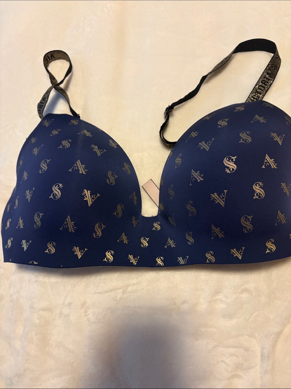 Victoria's Secret Navy Blue T-Shirt Bra with Gold Monogram